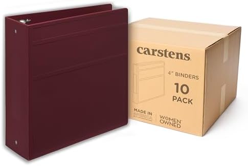 Carstens 4-Inch Heavy Duty 3-Ring Binder - Side Opening, Wine, Durable Plastic, No-Gap Rings, Waterproof Cover, No Pockets, Holds 600 US Letter Sheets, BPA-Free, Made in USA (1843-3R), Case of 10 by Carstens