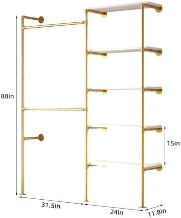 Industrial Pipe Clothing Rack with LED Lights& Shelves, Gold - Image 2