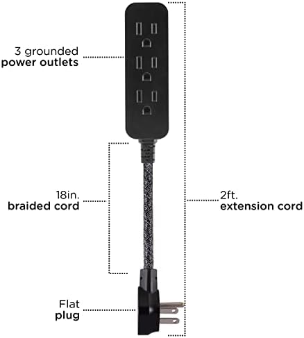 Cordinate Designer Mini 3-Outlet Power Strip, 18 in Braided Extension Cord, Grounded Adapter, Low-Profile Flat Plug, ETL Listed, Black/Dark Heather, 47298 (Pack of 12) - Image 2