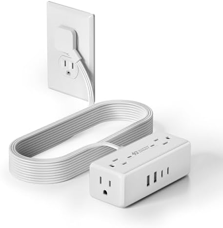 10Ft Long Extension Cord, SUPERDANNY Flat Plug Surge Protector Power Strip by SUPERDANNY
