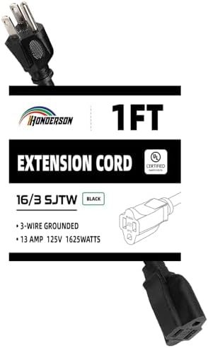 16 Gauge Extension Cord, 1 FT 3 Prong Heavy Duty Power Cord by HONDERSON
