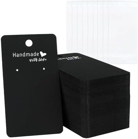 joycraft 100Pcs Earring Display Cards with Bags, 2x3.5 inch Earring Display Holder Cards, Black Handmade with Love Jewelry Tags for Selling, DIY Jewelry Crafts, Retail by joycraft