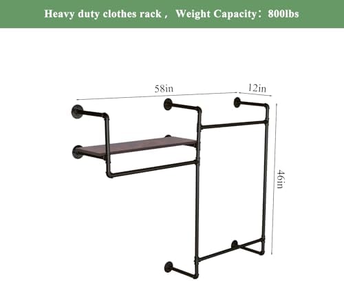 Industrial Pipe Clothing Rack, Wall Mounted Heavy Duty Garment Rack with Wood Shelf, Rustic Metal Closet Organizer for Bedroom, Laundry Room & Retail Store Display, Black, 58”W x 12”D x 46”H - Image 3