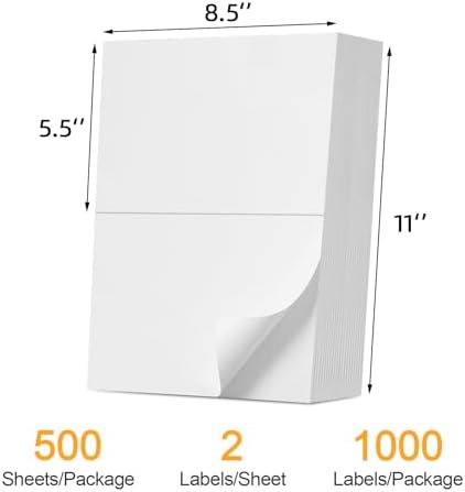 (1000 Labels/500 Sheets)Labelebal Half Sheet Self Adhesive Shipping Labels for Laser & Inkjet Printers, 8.5" x 5.5" Shipping Mailing Labels, 2 Per Page Shipping Labels, 5 1/2 x 8 1/2 Half Sheet Labels - Image 2