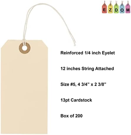 Premium Manila Shipping Tags with String Attached – #5 Size (4.75" x 2.375"), 200 Pack – Heavy Duty 13pt Cardstock with Reinforced Fiber Eyelet – Multi-Purpose Blank Tags - Image 2