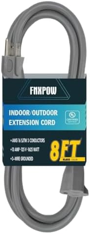 Indoor Outdoor Extension Cord 8 FT Waterproof, 16/3 Gauge Heavy Duty Gray Extension Cords, 13A 1625W SJTW Extension Cord with 3 Prong Grounded Plug, Great for Tools, Lights, UL Listed. by FNXPOW