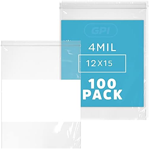 12"x15" Large Zip Bags, 100 Pack, 4 Mil Heavy Duty, Write with White Block by GPI