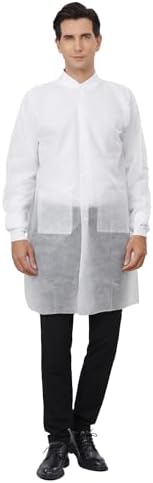 Greenour Disposable Lab Coats 10-Pack White 3 Pockets Knitted Cuffs S-2XL - Image 4