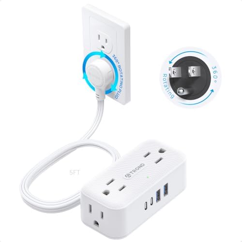 TROND 360° Rotating Flat Plug Power Strip 5ft, 4 Widely AC Outlets, White by TRONDOfficial