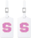 Sodsay 2 PCS Initial Luggage Tag, Luggage Tags for Suitcases Cute Sequin Letter PU Leather Travel Bag Baggage Tags Privacy Cover ID Label for Women Kids Teens Men(S, White Leather+Hot Pink Letter) by Sodsay