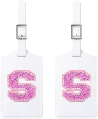 Sodsay 2 PCS Initial Luggage Tag, Luggage Tags for Suitcases Cute Sequin Letter PU Leather Travel Bag Baggage Tags Privacy Cover ID Label for Women Kids Teens Men(S, White Leather+Hot Pink Letter) by Sodsay
