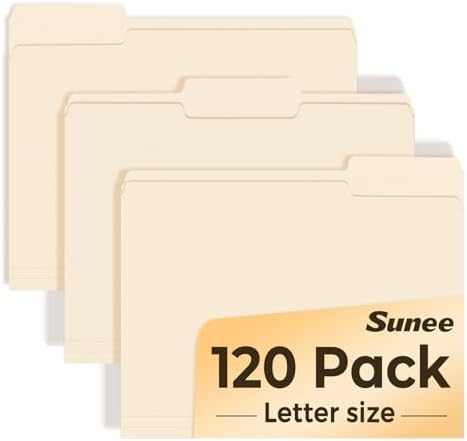 SUNEE File Folders, 120 Pack Manilla Folders 8.5 x 11, 1/3 Cut Tab for Easy Labeling and Organization, Durable Standard Paper for Home, Office, School Filing by SUNEE