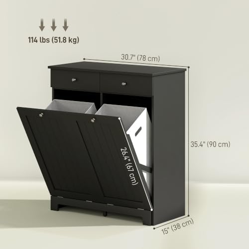 HOMCOM Laundry Cabinet with 2 Removable Baskets, Tilt Out Hamper, Black - Image 3