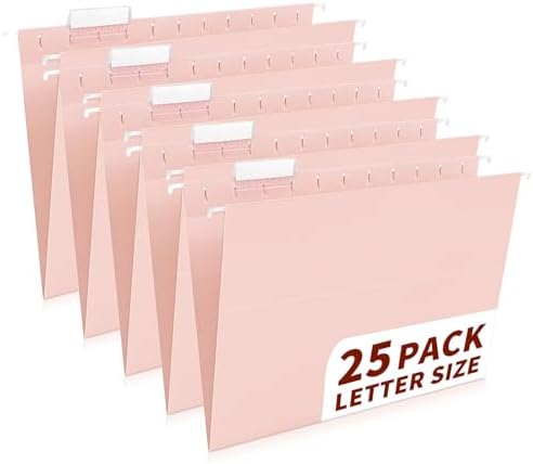 25-Pack Pink Hanging File Folders, Letter Size with 1/5-Cut Tabs, 35 Transparent Label Cards & 50 Sticker Labelsfor Home & Office Organization by Jowaia