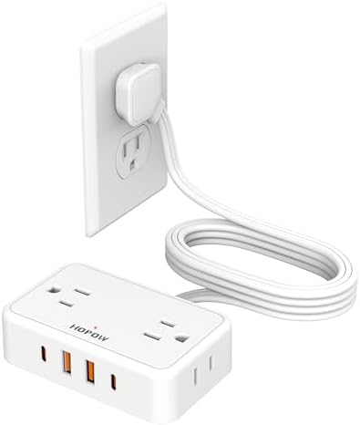 HOPOW Flat Plug Extension Cord, 4AC&2A2C, 6 FT Power Strip for Travel by HOPOW