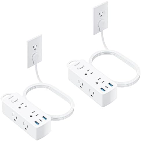 Olcorife Flat Plug Power Strip with 5 FT Extension Cord, 6 Outlets 3 USB Ports(1 USB C), 3 Sided Outlet Extender for Home Office Travel Dorm Room Essentials, White, Pack of 2 by olcorife
