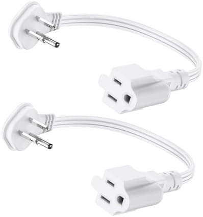 Flat Plug 1Ft Short Extension Cord, White 90-Degree Plug Low Profile Power Adapter, 3-Prong Indoor Grounded Small Extension Cord 16AWG 13A 1625W 2 Pack by LitStar