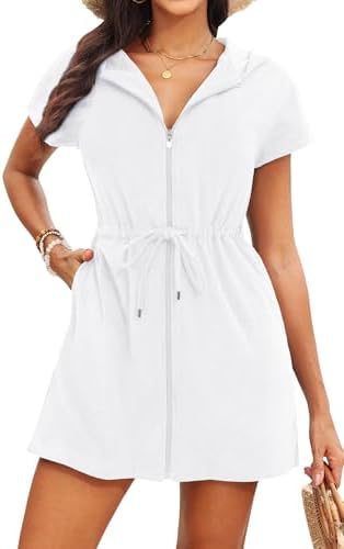 Womens Terry Cloth Cover Up Hooded Swim Cover with Zipper and Pocket by Yonique
