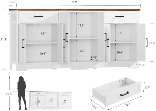 usikey 71" Buffet Cabinet with Storage, Large Sideboard Cabinet with 2 Drawers & 6 Doors, Modern Farmhouse Coffee Bar Cabinet, White - Image 3