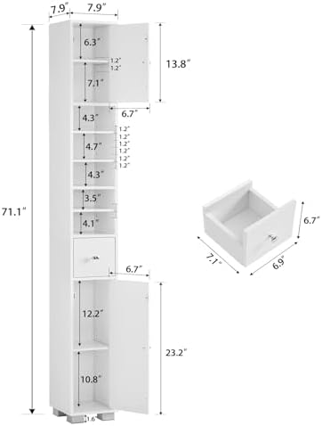 TEENFON Bathroom Cabinet, Narrow Bathroom Storage Cabinet with 5 Adjustable Shelves & Drawer, Freestanding Cupboard for Small Spaces, White - Image 3