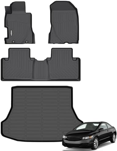 GINOWY-Floor Mats & Cargo Liner for Honda Civic Sedan 2006-2011, TPE All Weather Civic Floor Mats, Waterproof Trunk Mat Non-Slip Trunk Mat Floor Liners Accessories Black by GINOWY