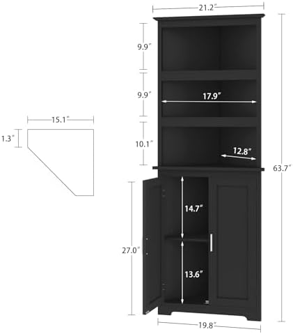 TEENFON Corner Cabinet, Tall Corner Hutch with 5 Shelves & 2 Doors, Bathroom Cabinet with Adjustable Shelf, for Living Room, Kitchen, Bathroom, Black - Image 3