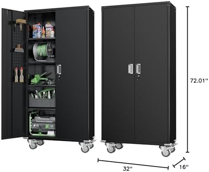 Greenvelly Metal Storage Cabinet with Wheels, 72" Black Garage Rolling Cabinet with Doors and 4 Shelves, Steel Locking Cabinets Tall Tool Lockable Storage Cabinets for Basement, Pantry, Home Office - Image 2