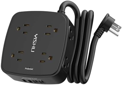 5Ft Surge Protector Power Strip - 8 Widely Outlets with 4 USB Ports, 3 Side Outlet Extender with 5 Feet Extension Cord, Flat Plug, Wall Mount, Desk USB Charging Station, ETL,Black by YISHU