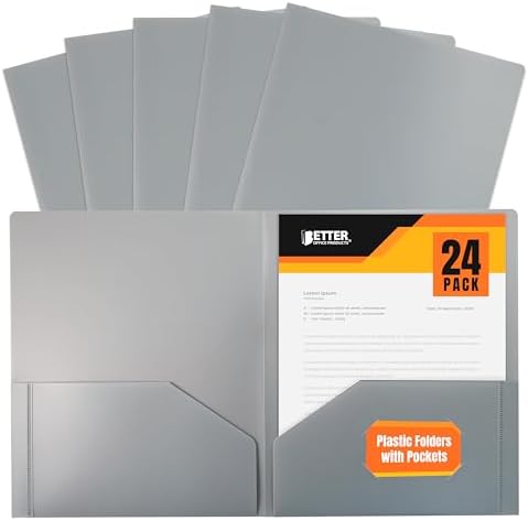 Better Office Products Heavyweight Gray Plastic 2 Pocket Portfolio Folder, Letter Size Poly Folders, 24 Pack, Gray by BetterOfficeProducts