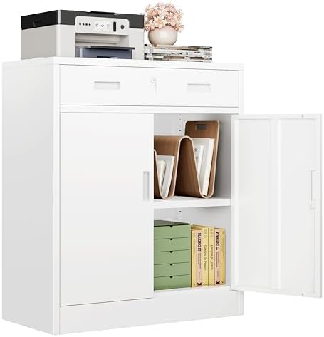CJF Metal Storage Cabinet, Locking Storage Cabinet with 1 Drawer and Adjustable Shelf, 36" H x 28" W x 16" D White Metal Cabinets for Office, Home, Garage by CJF