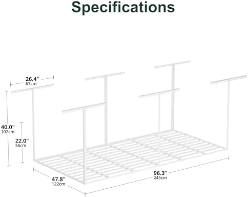 SunsGrove 4x8 Garage Storage Overhead Rack Organization, Adjustable Ceiling Mounted Storage Racks, 800LBS Weight Capacity, 22"-40" Ceiling Dropdown, 2 Pcs, White - Image 3