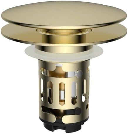 Hibbent Upgraded 3 in 1 Bathroom Sink Drain Strainer, Pop Up Sink Stopper with Big Push Cap, Anti-Clogging Metal Filter Basket,Sink Plug with Hair Catcher for 1.1''~2.36'' Basin, Brushed Gold by Hibbent