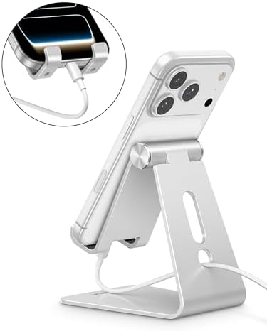 OMOTON C2 Adjustable Aluminum Cell Phone Stand with Charging Cutout, Silver - Image 6