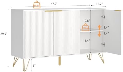 Storage Cabinet with 3 Fluted Doors and Adjustable Shelves, White丨Modern Wood Accent Table, Sideboard Buffet Cabinet, Console Table for Living Room, Hallway, Entryway - Image 2