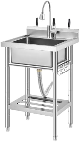 GarveeTech Commercial Stainless Steel Utility Sink with Faucet, Freestanding Laundry Sink with Adjustable Legs, Storage Shelf, Hooks, Backsplash, Hot & Cold Water for Kitchen, Garage, Outdoor, Farm by GarveeTech
