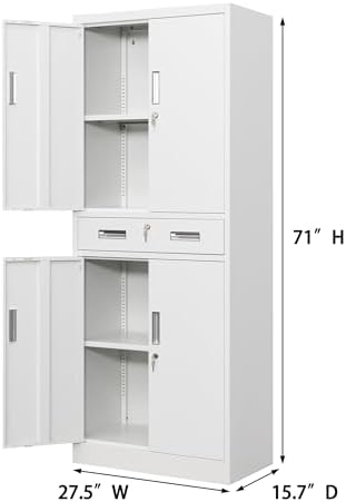 CJF 71" H Tall Metal Storage Cabinet with Drawer, Locking Garage Cabinet with 2 Adjustable Shelves, Heavy-Duty Tool File Storage Cabinets for Home Office, Kitchen, Warehouse, Shop (White) - Image 3