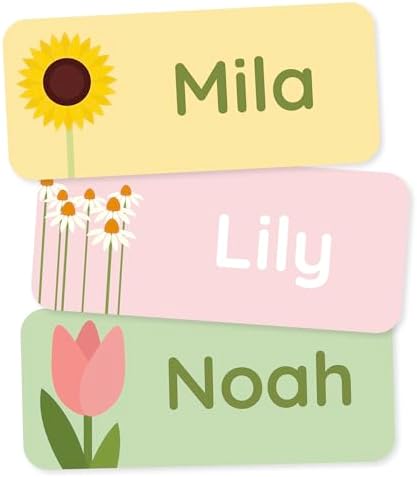 Personalized Name Labels for Kids (60) – Clothing Labels & Daycare Labels – Custom Waterproof Stickers for School Supplies - Flowers by Teddylabels