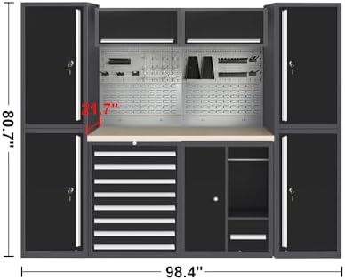 JZD Garage Organizer Set: Steel Tool Cabinet, Overhead Storage & Wood Work Surface, Free Standing for Mechanical Shop Home Repair - Image 2