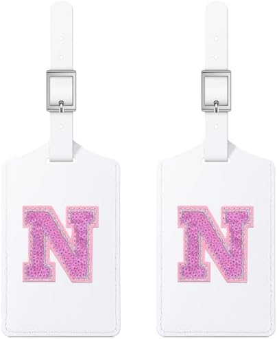 Sodsay 2 PCS Initial Luggage Tag, Luggage Tags for Suitcases Cute Sequin Letter PU Leather Travel Bag Baggage Tags Privacy Cover ID Label for Women Kids Teens Men(N, White Leather+Hot Pink Letter) by Sodsay