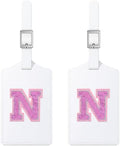 Sodsay 2 PCS Initial Luggage Tag, Luggage Tags for Suitcases Cute Sequin Letter PU Leather Travel Bag Baggage Tags Privacy Cover ID Label for Women Kids Teens Men(N, White Leather+Hot Pink Letter) by Sodsay