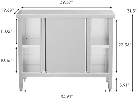 ROVSUN Stainless Steel Prep & Work Table with 2 Sliding Doors, 39 x 19 Inches, Commercial Kitchen Metal Table for Restaurant Home Hotel Garage - Image 2