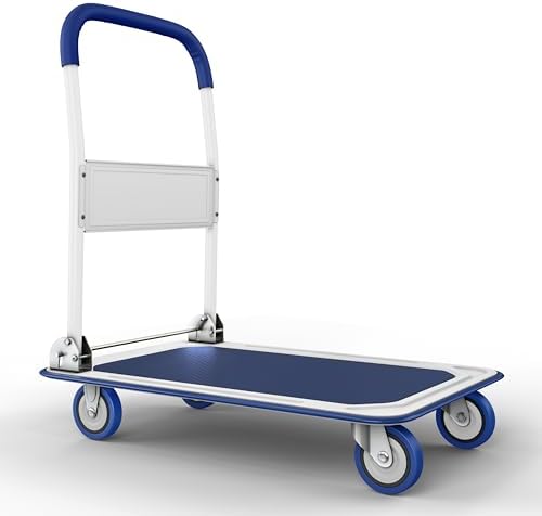Heavy Duty Foldable Push Cart Dolly | 330 lbs. Capacity | Upgraded Collapsible Hand Truck Folding Platform with Swivel Wheels | Flat Bed Moving Wagon | Space Saving Push Handle (Blue) by LifetimeApplianceParts