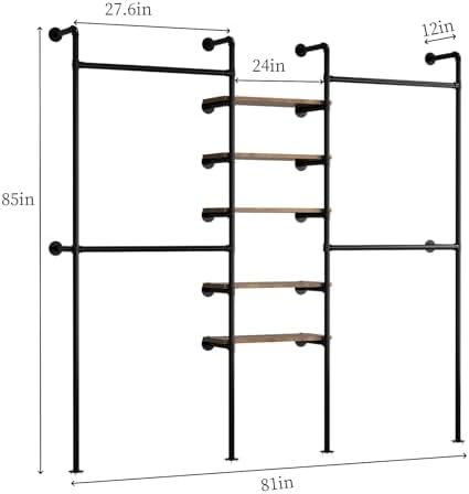 Industrial Pipe Clothing Racks with 5 Shelves, Wall Mounted Clothes Rack for Hanging Clothes, Black Wall Clothing Rack, Heavy Duty Clothes Rack for Walk in Closet, Laundry Room - Image 5