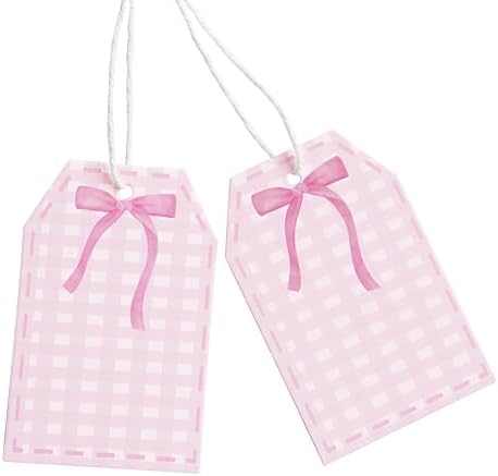 100Pcs Coquette Pink Bow Gift Tags with String Pink Buffalo Plaid Large Gift Tag with 65Ft White String Paper Gift Tag for Coquette Bow Baby Shower Birthday Bachelorette Wedding Gift Wrap Tag by ASYEHJNR