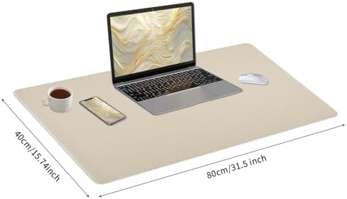 Beige Desk Mat with Stitched Edges, 31.5"×15.7" Keyboard Pad, Non-Slip Desk Protector Mat, Leather Desk Blotter, Waterproof Desk Pad for Office Home Decor - Image 3