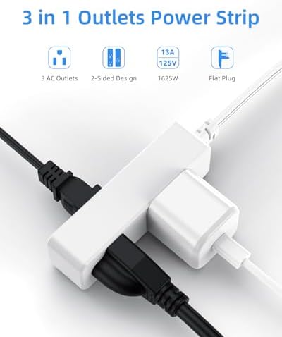 Flat Plug Extension Cord with 3 Outlets - 6 ft White Low Profile Indoor 3 Prong Grounded Power Strip for Home Office & Travel - 16/3 AWG, 13A/1625W - Image 2