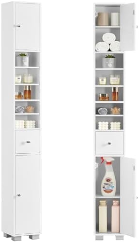 TEENFON Bathroom Cabinet, Narrow Bathroom Storage Cabinet with 5 Adjustable Shelves & Drawer, Freestanding Cupboard for Small Spaces, White by TEENFON