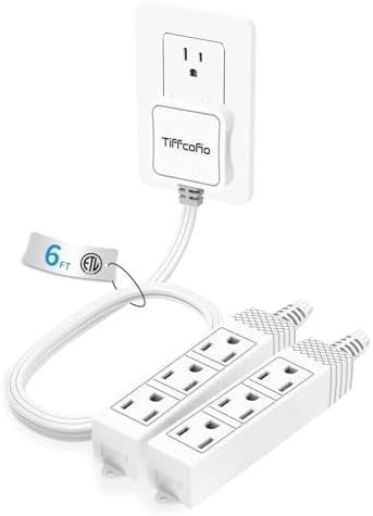 TiFFCOFiO 3 Prong Flat Plug Outlet Strip, 12 Feet Extension Cord, 6 FT on Each Side, 3 Grounded Outlets with Mounting Holes, 13A/1625W, 16 AWG (Twin Outlets, 6FT) by TiFFCOFiO
