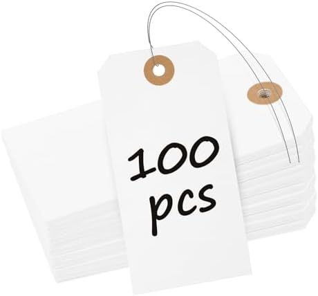 Uniclife 100 Pcs Manila Tags White Blank Shipping Tags with Wire Attached 4.7 Inch Paper Hang Tag with Reinforced Eyelet Large Marking Writable Price Label Tag, 4.7" x 2 3/8" by UnicLife
