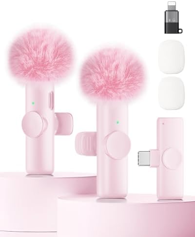 Wireless Microphone for iPhone iPad and Android Phone, 2 Pack Wireless Lavalier Lapel Mic with Noise Reduction, Plug and Play Mini Microphone for Video Recording Interview YouTube TikTok Vlog (Pink) by CZOCPOS